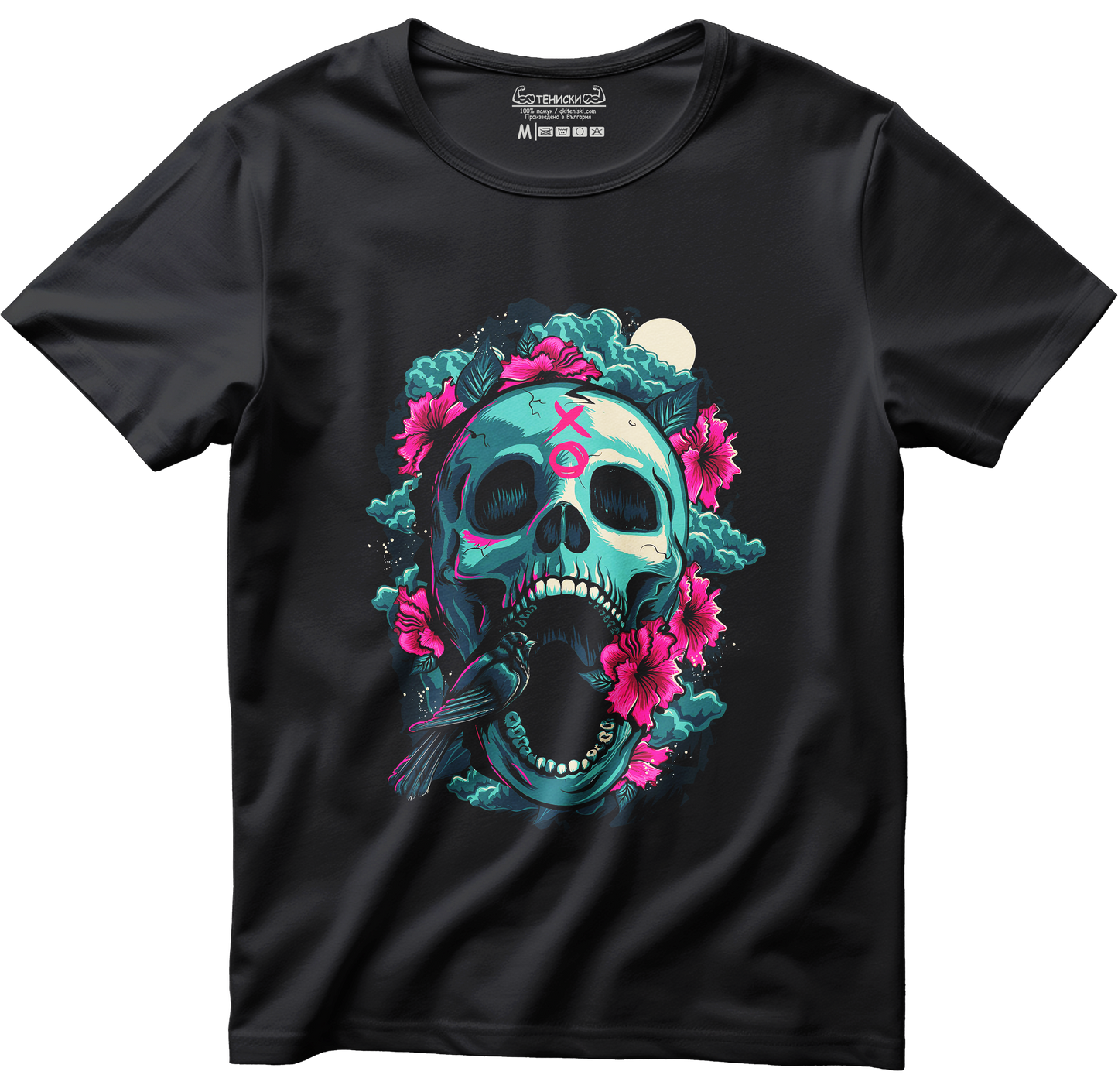 Тениска с щампа на Flower Skull, 100% памук, произведена в България